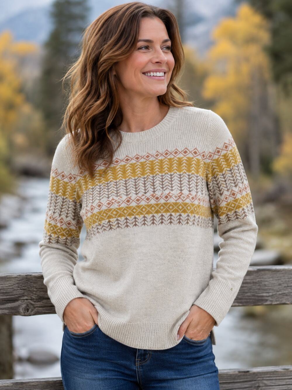 Kuhl Womens Merino Wool Fair Isle Sweater M Cream Mustard Nordic Outdoor Cozy